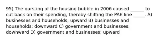 95) The bursting of the housing bubble in 2006 caused ______ to cut back on their spending, thereby shifting the PAE line _____. A) businesses and households; upward B) businesses and households; downward C) government and businesses; downward D) government and businesses; upward