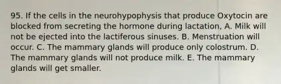 95. If the cells in the neurohypophysis that produce Oxytocin are blocked from secreting the hormone during lactation, A. Milk will not be ejected into the lactiferous sinuses. B. Menstruation will occur. C. The mammary glands will produce only colostrum. D. The mammary glands will not produce milk. E. The mammary glands will get smaller.