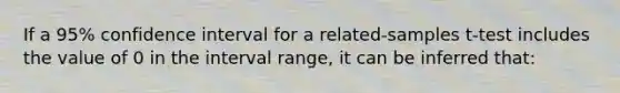 If a 95% confidence interval for a related-samples t-test includes the value of 0 in the interval range, it can be inferred that: