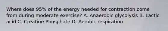 Where does 95% of the energy needed for contraction come from during moderate exercise? A. Anaerobic glycolysis B. Lactic acid C. Creatine Phosphate D. Aerobic respiration