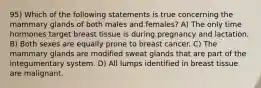 95) Which of the following statements is true concerning the mammary glands of both males and females? A) The only time hormones target breast tissue is during pregnancy and lactation. B) Both sexes are equally prone to breast cancer. C) The mammary glands are modified sweat glands that are part of the integumentary system. D) All lumps identified in breast tissue are malignant.