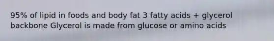 95% of lipid in foods and body fat 3 fatty acids + glycerol backbone Glycerol is made from glucose or amino acids