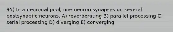 95) In a neuronal pool, one neuron synapses on several postsynaptic neurons. A) reverberating B) parallel processing C) serial processing D) diverging E) converging