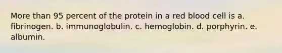 More than 95 percent of the protein in a red blood cell is a. fibrinogen. b. immunoglobulin. c. hemoglobin. d. porphyrin. e. albumin.