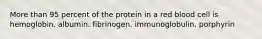 More than 95 percent of the protein in a red blood cell is hemoglobin. albumin. fibrinogen. immunoglobulin. porphyrin