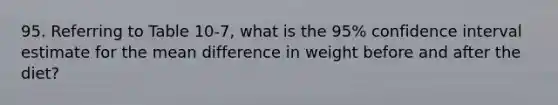 95. Referring to Table 10-7, what is the 95% confidence interval estimate for the mean difference in weight before and after the diet?