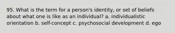 95. What is the term for a person's identity, or set of beliefs about what one is like as an individual? a. individualistic orientation b. self-concept c. psychosocial development d. ego