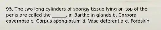 95. The two long cylinders of spongy tissue lying on top of the penis are called the ______. a. Bartholin glands b. Corpora cavernosa c. Corpus spongiosum d. Vasa deferentia e. Foreskin