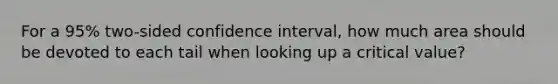 For a 95% two-sided confidence interval, how much area should be devoted to each tail when looking up a critical value?