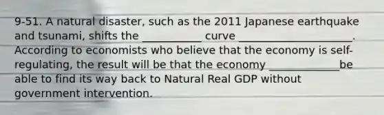 9-51. A natural disaster, such as the 2011 Japanese earthquake and tsunami, shifts the ___________ curve _____________________. According to economists who believe that the economy is self-regulating, the result will be that the economy _____________be able to find its way back to Natural Real GDP without government intervention.