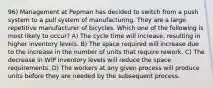 96) Management at Pepman has decided to switch from a push system to a pull system of manufacturing. They are a large repetitive manufacturer of bicycles. Which one of the following is most likely to occur? A) The cycle time will increase, resulting in higher inventory levels. B) The space required will increase due to the increase in the number of units that require rework. C) The decrease in WIP inventory levels will reduce the space requirements. D) The workers at any given process will produce units before they are needed by the subsequent process.