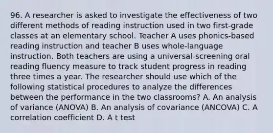 96. A researcher is asked to investigate the effectiveness of two different methods of reading instruction used in two first-grade classes at an elementary school. Teacher A uses phonics-based reading instruction and teacher B uses whole-language instruction. Both teachers are using a universal-screening oral reading fluency measure to track student progress in reading three times a year. The researcher should use which of the following statistical procedures to analyze the differences between the performance in the two classrooms? A. An analysis of variance (ANOVA) B. An analysis of covariance (ANCOVA) C. A correlation coefficient D. A t test