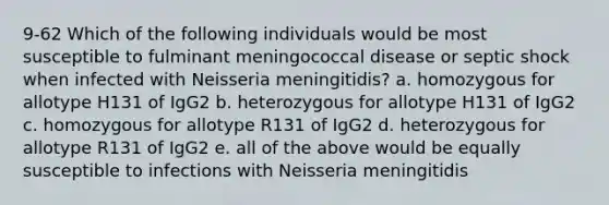 9-62 Which of the following individuals would be most susceptible to fulminant meningococcal disease or septic shock when infected with Neisseria meningitidis? a. homozygous for allotype H131 of IgG2 b. heterozygous for allotype H131 of IgG2 c. homozygous for allotype R131 of IgG2 d. heterozygous for allotype R131 of IgG2 e. all of the above would be equally susceptible to infections with Neisseria meningitidis