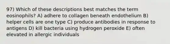 97) Which of these descriptions best matches the term eosinophils? A) adhere to collagen beneath endothelium B) helper cells are one type C) produce antibodies in response to antigens D) kill bacteria using hydrogen peroxide E) often elevated in allergic individuals