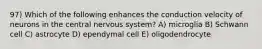 97) Which of the following enhances the conduction velocity of neurons in the central nervous system? A) microglia B) Schwann cell C) astrocyte D) ependymal cell E) oligodendrocyte