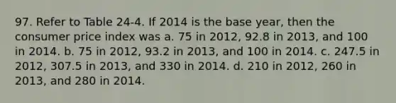 97. Refer to Table 24-4. If 2014 is the base year, then the consumer price index was a. 75 in 2012, 92.8 in 2013, and 100 in 2014. b. 75 in 2012, 93.2 in 2013, and 100 in 2014. c. 247.5 in 2012, 307.5 in 2013, and 330 in 2014. d. 210 in 2012, 260 in 2013, and 280 in 2014.