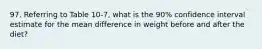 97. Referring to Table 10-7, what is the 90% confidence interval estimate for the mean difference in weight before and after the diet?