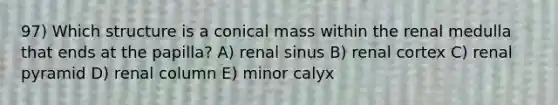 97) Which structure is a conical mass within the renal medulla that ends at the papilla? A) renal sinus B) renal cortex C) renal pyramid D) renal column E) minor calyx