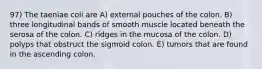 97) The taeniae coli are A) external pouches of the colon. B) three longitudinal bands of smooth muscle located beneath the serosa of the colon. C) ridges in the mucosa of the colon. D) polyps that obstruct the sigmoid colon. E) tumors that are found in the ascending colon.