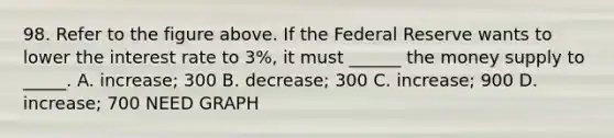 98. Refer to the figure above. If the Federal Reserve wants to lower the interest rate to 3%, it must ______ the money supply to _____. A. increase; 300 B. decrease; 300 C. increase; 900 D. increase; 700 NEED GRAPH