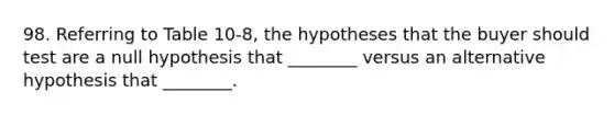 98. Referring to Table 10-8, the hypotheses that the buyer should test are a null hypothesis that ________ versus an alternative hypothesis that ________.