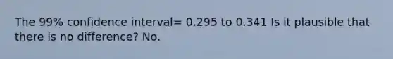 The 99% confidence interval= 0.295 to 0.341 Is it plausible that there is no difference? No.