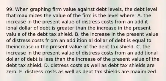 99. When graphing firm value against debt levels, the debt level that maximizes the value of the firm is the level where: A. the increase in the present value of distress costs from an add it ional dollar of debt is greater than the increase in the present valu e of the debt tax shield. B. the increase in the present value of distress costs fr om an add ition al dollar of debt is equal to theincrease in the present value of the debt tax shield. C. the increase in the present value of distress costs from an additional dollar of debt is less than the increase of the present value of the debt tax shield. D. distress costs as well as debt tax shields are zero. E. distress costs as well as debt tax shields are maximized.