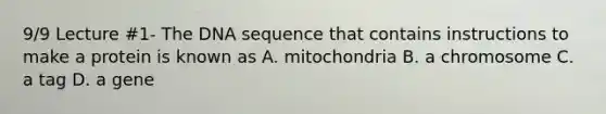 9/9 Lecture #1- The DNA sequence that contains instructions to make a protein is known as A. mitochondria B. a chromosome C. a tag D. a gene