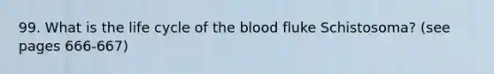 99. What is the life cycle of <a href='https://www.questionai.com/knowledge/k7oXMfj7lk-the-blood' class='anchor-knowledge'>the blood</a> fluke Schistosoma? (see pages 666-667)