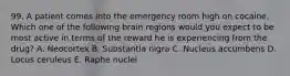 99. A patient comes into the emergency room high on cocaine. Which one of the following brain regions would you expect to be most active in terms of the reward he is experiencing from the drug? A. Neocortex B. Substantia nigra C. Nucleus accumbens D. Locus ceruleus E. Raphe nuclei