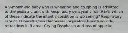 A 9-month-old baby who is wheezing and coughing is admitted to the pediatric unit with Respiratory syncytial virus (RSV). Which of these indicate the infant's condition is worsening? Respiratory rate of 38 breaths/min Decreased inspiratory breath sounds, retractions in 3 areas Crying Dysphasia and loss of appetite