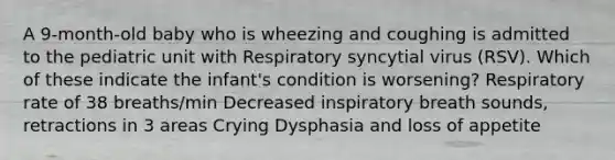 A 9-month-old baby who is wheezing and coughing is admitted to the pediatric unit with Respiratory syncytial virus (RSV). Which of these indicate the infant's condition is worsening? Respiratory rate of 38 breaths/min Decreased inspiratory breath sounds, retractions in 3 areas Crying Dysphasia and loss of appetite