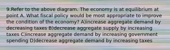 9.Refer to the above diagram. The economy is at equilibrium at point A. What <a href='https://www.questionai.com/knowledge/kPTgdbKdvz-fiscal-policy' class='anchor-knowledge'>fiscal policy</a> would be most appropriate to improve the condition of the economy? A)increase aggregate demand by decreasing taxes B)decrease aggregate supply by increasing taxes C)increase aggregate demand by increasing government spending D)decrease aggregate demand by increasing taxes