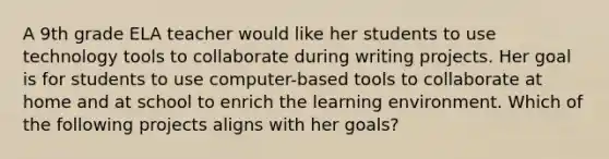 A 9th grade ELA teacher would like her students to use technology tools to collaborate during writing projects. Her goal is for students to use computer-based tools to collaborate at home and at school to enrich the learning environment. Which of the following projects aligns with her goals?