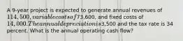 A 9-year project is expected to generate annual revenues of 114,500, variable costs of73,600, and fixed costs of 14,000. The annual depreciation is3,500 and the tax rate is 34 percent. What is the annual operating cash flow?