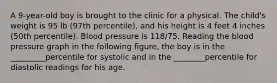 A 9-year-old boy is brought to the clinic for a physical. The child's weight is 95 lb (97th percentile), and his height is 4 feet 4 inches (50th percentile). Blood pressure is 118/75. Reading the blood pressure graph in the following figure, the boy is in the _________percentile for systolic and in the ________percentile for diastolic readings for his age.