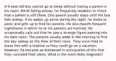 A 9-year-old boy cannot go to sleep without having a parent in his room. While falling asleep, he frequently awakens to check that a parent is still there. One parent usually stays until the boy falls asleep. If he wakes up alone during the night, he starts to panic and gets up to find his parents. He also reports frequent nightmares in which he or his parents are harmed. He occasionally calls out that he saw a strange figure peering into his dark room. The parents usually wake in the morning to find the boy asleep on the floor of their room. They once tried to leave him with a relative so they could go on a vacation; however, he became so distressed in anticipation of this that they canceled their plans. What is the most likely diagnosis?