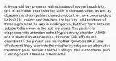 A 9-year-old boy presents with episodes of severe impulsivity, lack of attention, poor listening skills and organization, as well as obsessive and compulsive characteristics that have been evident to both his mother and teachers. He has had mild evidence of these signs since he was in kindergarten, but they have become substantially worse in the last few years. The patient is diagnosed with attention deficit hyperactivity disorder (ADHD) and is started on atomoxetine. Common side effects are described to the patient and his mother. Question What side effect most likely warrants the need to investigate an alternative treatment plan? Answer Choices 1 Weight loss 2 Abdominal pain 3 Racing heart 4 Nausea 5 Headache