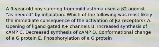 A 9-year-old boy sufering from mild asthma used a β2 agonist "as needed" by inhalation. Which of the following was most likely the immediate consequence of the activation of β2 receptors? A. Opening of ligand-gated K+ channels B. Increased synthesis of cAMP C. Decreased synthesis of cAMP D. Conformational change of a G protein E. Phosphorylation of a G protein