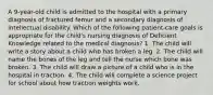 A 9-year-old child is admitted to the hospital with a primary diagnosis of fractured femur and a secondary diagnosis of intellectual disability. Which of the following patient-care goals is appropriate for the child's nursing diagnosis of Deficient Knowledge related to the medical diagnosis? 1. The child will write a story about a child who has broken a leg. 2. The child will name the bones of the leg and tell the nurse which bone was broken. 3. The child will draw a picture of a child who is in the hospital in traction. 4. The child will complete a science project for school about how traction weights work.