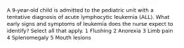 A 9-year-old child is admitted to the pediatric unit with a tentative diagnosis of acute lymphocytic leukemia (ALL). What early signs and symptoms of leukemia does the nurse expect to identify? Select all that apply. 1 Flushing 2 Anorexia 3 Limb pain 4 Splenomegaly 5 Mouth lesions