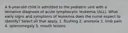 A 9-year-old child is admitted to the pediatric unit with a tentative diagnosis of acute lymphocytic leukemia (ALL). What early signs and symptoms of leukemia does the nurse expect to identify? Select all that apply. 1. flushing 2. anorexia 3. limb pain 4. splenomegaly 5. mouth lesions