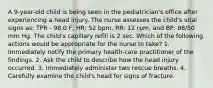 A 9-year-old child is being seen in the pediatrician's office after experiencing a head injury. The nurse assesses the child's vital signs as: TPR - 98.0 F, HR: 52 bpm, RR: 12 rpm, and BP: 88/50 mm Hg. The child's capillary refill is 2 sec. Which of the following actions would be appropriate for the nurse to take? 1. Immediately notify the primary health-care practitioner of the findings. 2. Ask the child to describe how the head injury occurred. 3. Immediately administer two rescue breaths. 4. Carefully examine the child's head for signs of fracture.