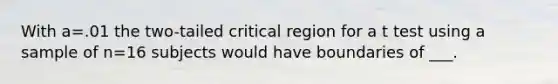 With a=.01 the two-tailed critical region for a t test using a sample of n=16 subjects would have boundaries of ___.