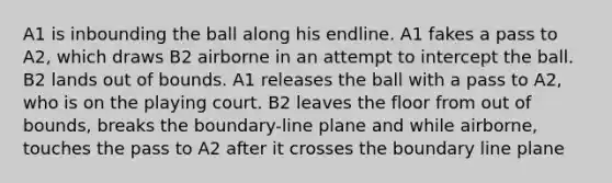 A1 is inbounding the ball along his endline. A1 fakes a pass to A2, which draws B2 airborne in an attempt to intercept the ball. B2 lands out of bounds. A1 releases the ball with a pass to A2, who is on the playing court. B2 leaves the floor from out of bounds, breaks the boundary-line plane and while airborne, touches the pass to A2 after it crosses the boundary line plane