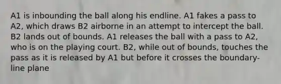 A1 is inbounding the ball along his endline. A1 fakes a pass to A2, which draws B2 airborne in an attempt to intercept the ball. B2 lands out of bounds. A1 releases the ball with a pass to A2, who is on the playing court. B2, while out of bounds, touches the pass as it is released by A1 but before it crosses the boundary-line plane