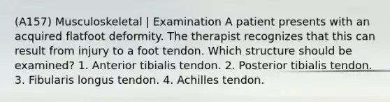 (A157) Musculoskeletal | Examination A patient presents with an acquired flatfoot deformity. The therapist recognizes that this can result from injury to a foot tendon. Which structure should be examined? 1. Anterior tibialis tendon. 2. Posterior tibialis tendon. 3. Fibularis longus tendon. 4. Achilles tendon.