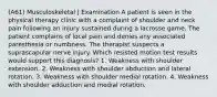 (A61) Musculoskeletal | Examination A patient is seen in the physical therapy clinic with a complaint of shoulder and neck pain following an injury sustained during a lacrosse game. The patient complains of local pain and denies any associated paresthesia or numbness. The therapist suspects a suprascapular nerve injury. Which resisted motion test results would support this diagnosis? 1. Weakness with shoulder extension. 2. Weakness with shoulder abduction and lateral rotation. 3. Weakness with shoulder medial rotation. 4. Weakness with shoulder adduction and medial rotation.