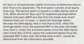 AA Tours is comparing two capital structures to determine how to best finance its operations. The first option consists of all equity financing. The second option is based on a debt-equity ratio of 0.45. What should AA Tours do if its expected earnings before interest and taxes (EBIT) are less than the break-even level? Assume there are no taxes. A. select the leverage option because the debt-equity ratio is less than 0.50 B. select the leverage option since the expected EBIT is less than the break-even level C. select the unlevered option since the debt-equity ratio is less than 0.50 D. select the unlevered option since the expected EBIT is less than the break-even level E. cannot be determined from the information provided