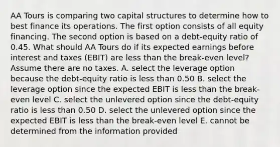 AA Tours is comparing two capital structures to determine how to best finance its operations. The first option consists of all equity financing. The second option is based on a debt-equity ratio of 0.45. What should AA Tours do if its expected earnings before interest and taxes (EBIT) are <a href='https://www.questionai.com/knowledge/k7BtlYpAMX-less-than' class='anchor-knowledge'>less than</a> the break-even level? Assume there are no taxes. A. select the leverage option because the debt-equity ratio is less than 0.50 B. select the leverage option since the expected EBIT is less than the break-even level C. select the unlevered option since the debt-equity ratio is less than 0.50 D. select the unlevered option since the expected EBIT is less than the break-even level E. cannot be determined from the information provided